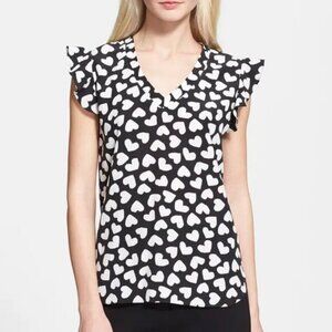 Kate Spade Silk Dancing Hearts Flutter Sleeve Top Ruffle Blouse Shirt Print Cute